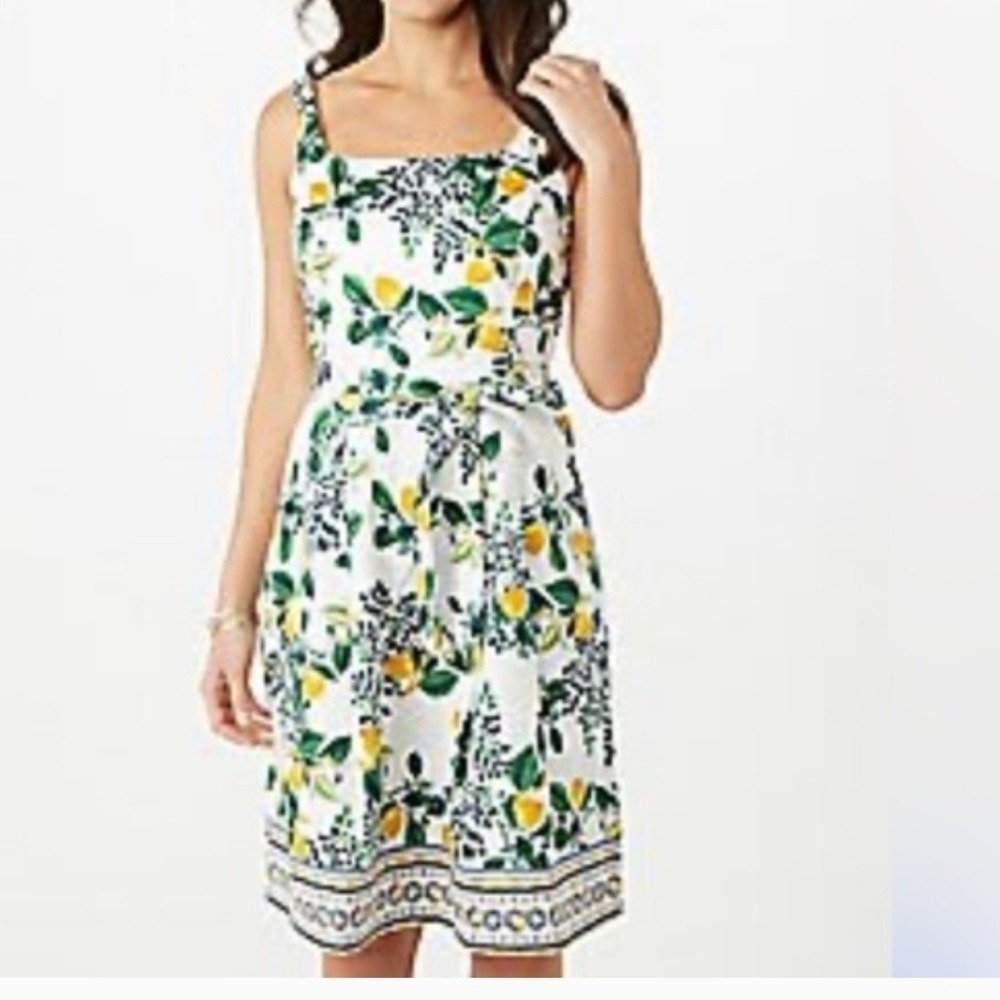 TOZ & ALI Lemon‎ Print Fit Flare Dress Square White Yellow Green S 2